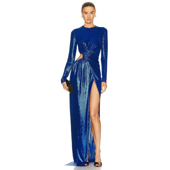Balmain Womens Draped Laminated Jersey Long Dress in Bleu Electric 38 New Gown - Picture 1 of 16